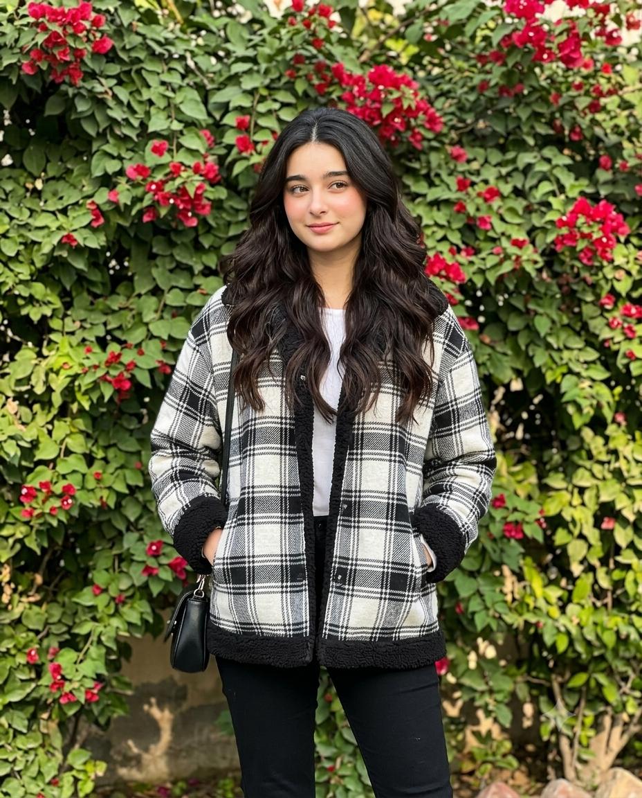 Floral wall woman AI prompt | Plaid jacket, red blooms & daylight