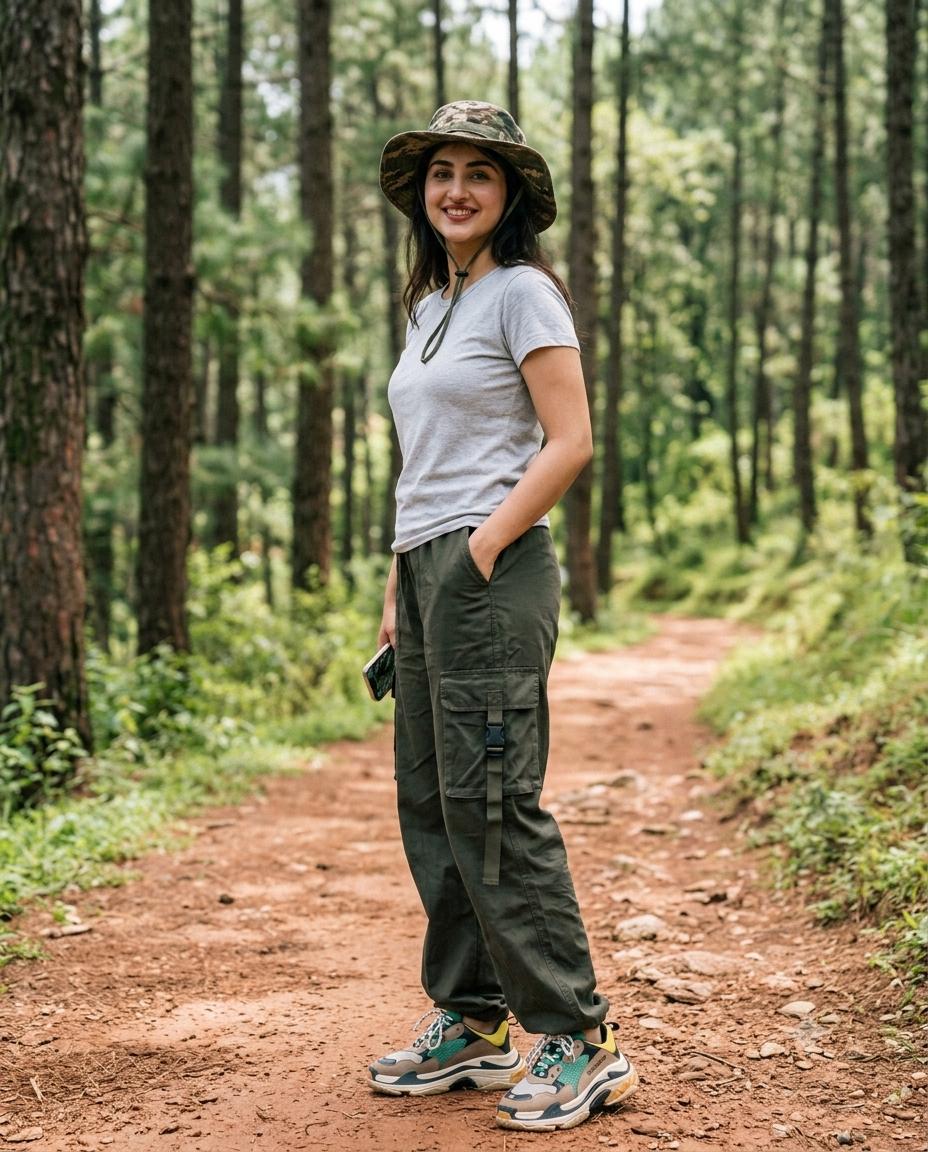 Young Woman Forest Trail Portrait AI Image Prompt | Camouflage Hat & Olive Cargo Style
