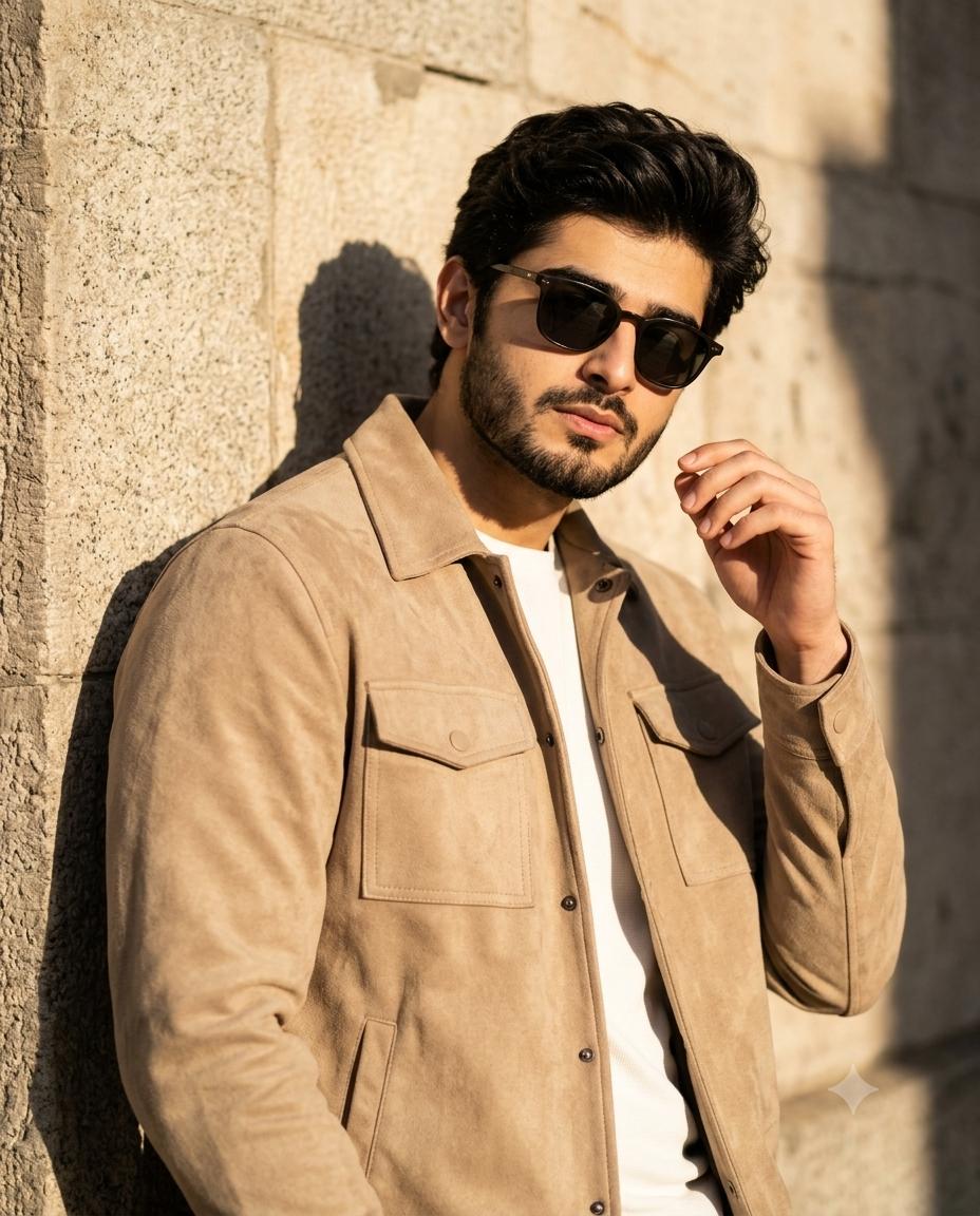 Men’s Fashion Golden-Hour Style AI Image Prompt | Beige Suede Jacket & Sunglasses