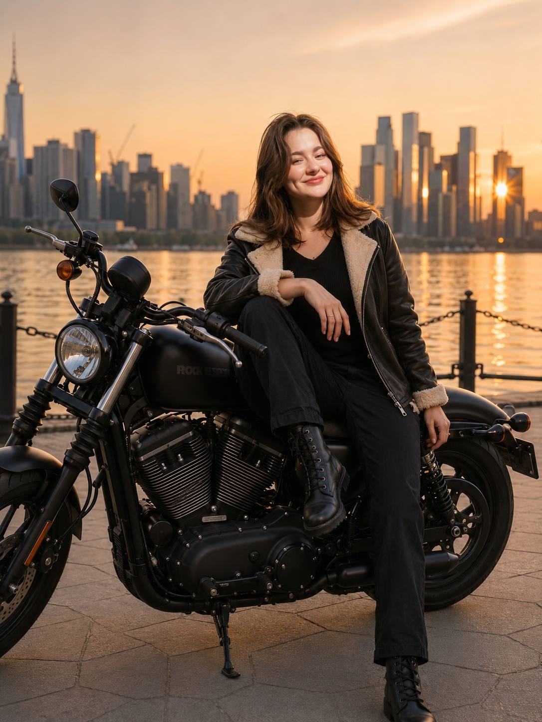 Cinematic Golden-Hour Woman on Matte-Black Motorcycle by Waterfront AI Image Prompt