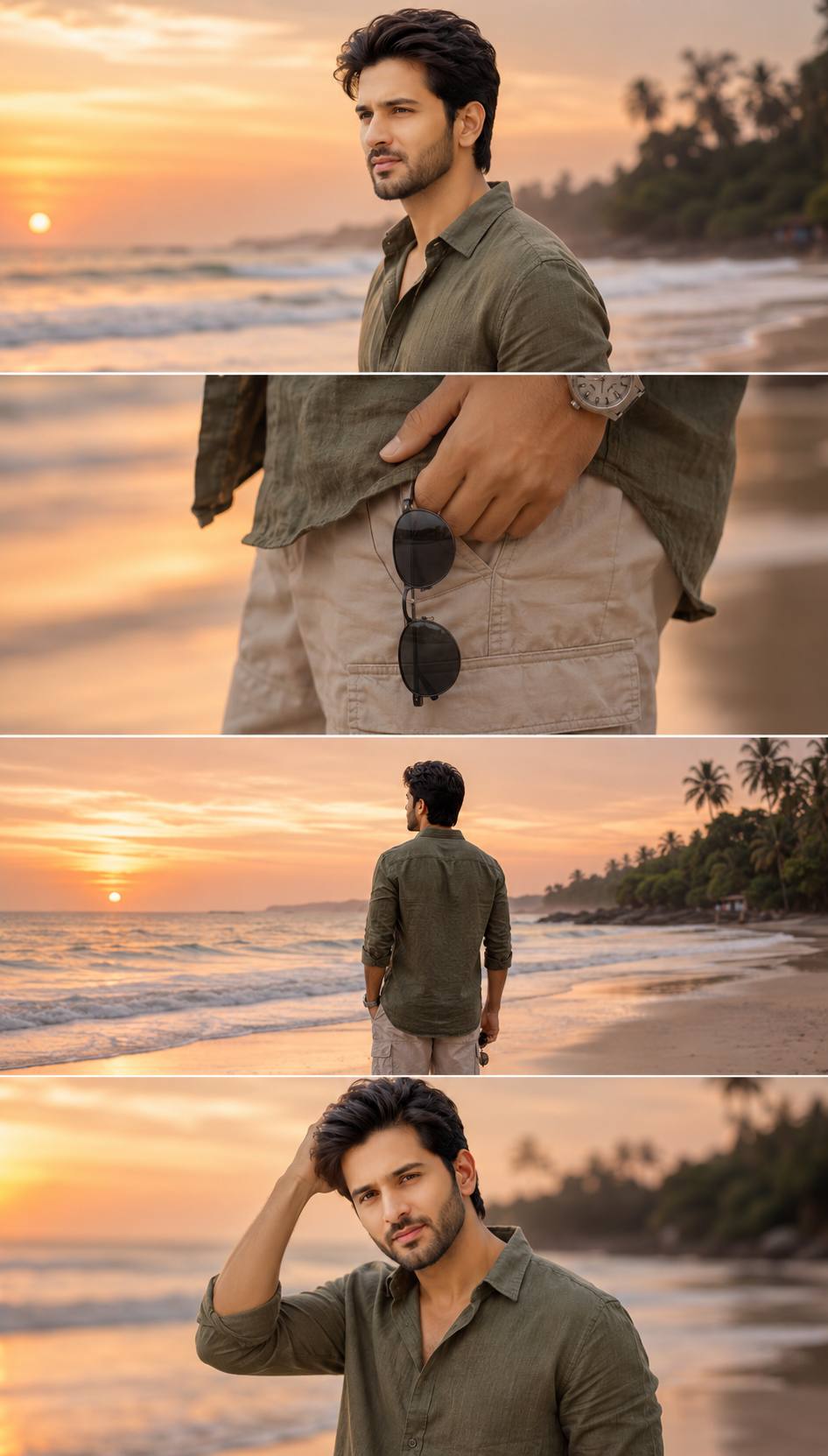 Cinematic Golden Sunset Beach 4-Photo Collage of a Stylish Indian Man AI Image Prompt