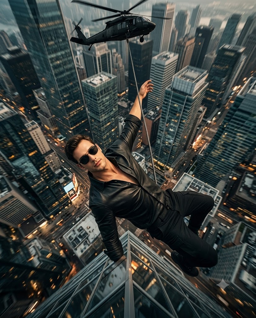 Cinematic Helicopter Cable Action Scene with High-Rise Building AI Image Prompt