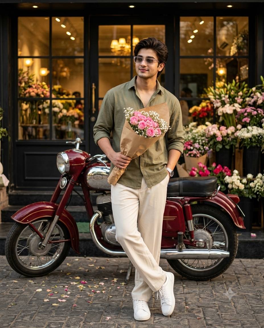Cinematic Indian Man Street Style with Maroon Motorcycle & Flowers | AI Image Prompt