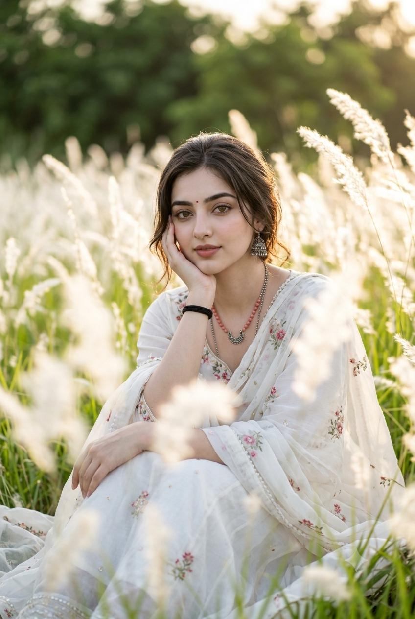 Woman Kans Grass Portrait Cinematic Style AI Image Prompt | Golden-Hour Photography