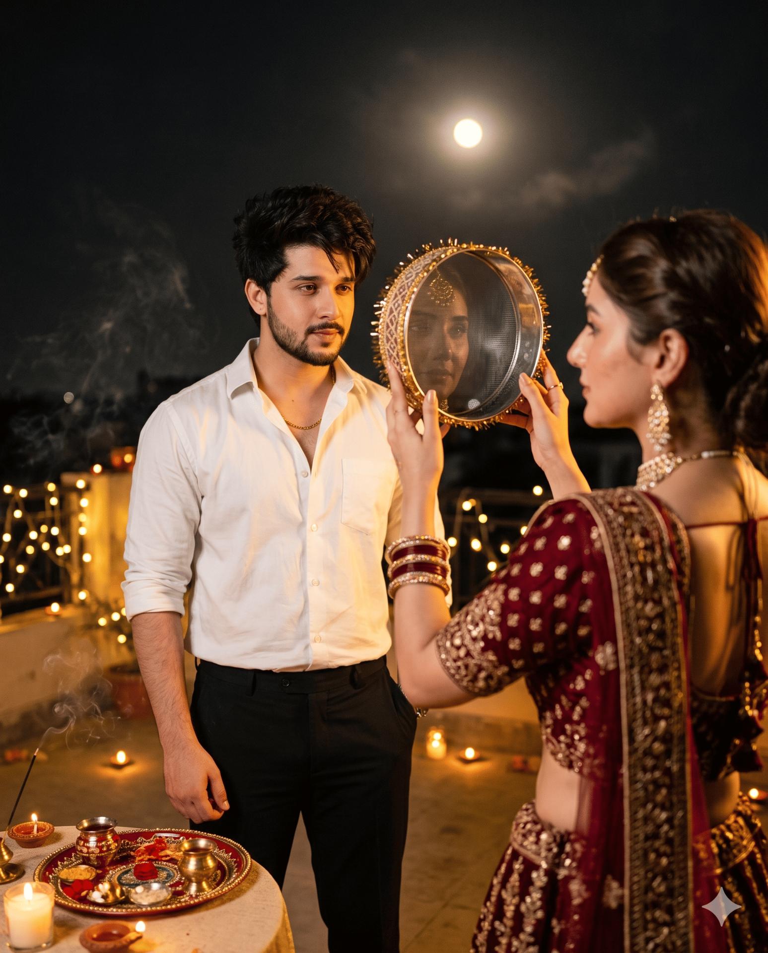 Cinematic Karva Chauth Couple Portrait AI Image Prompt Gemini | Full Moon Ritual & Maroon Bridal Lehenga