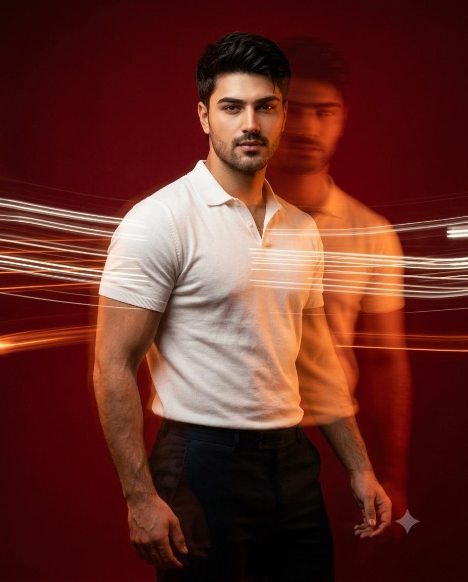 Man Portrait in White Polo – Cinematic Long Exposure AI Image Prompt | Motion Blur, Deep Red Studio & 8K
