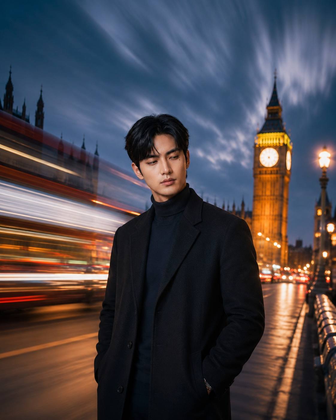 Cinematic Long Exposure Portrait with Light Trails and Motion Blur AI Image Prompt