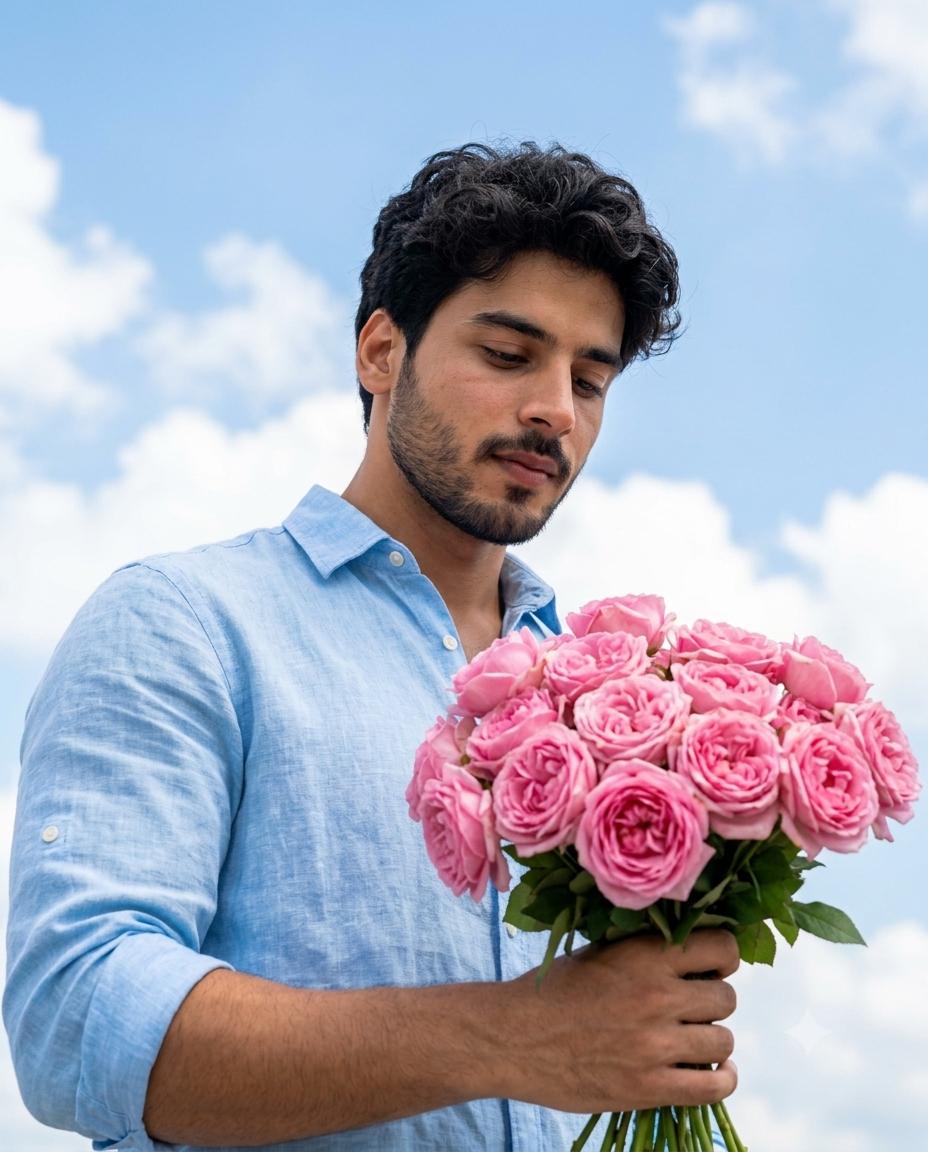 Man Rose Portrait AI Image Prompt | DSLR Low-Angle Garden Photography