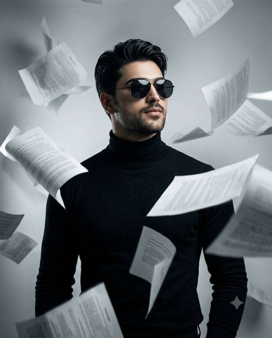 Cinematic Man flying papers AI prompt | Black turtleneck, sunglasses & monochrome light