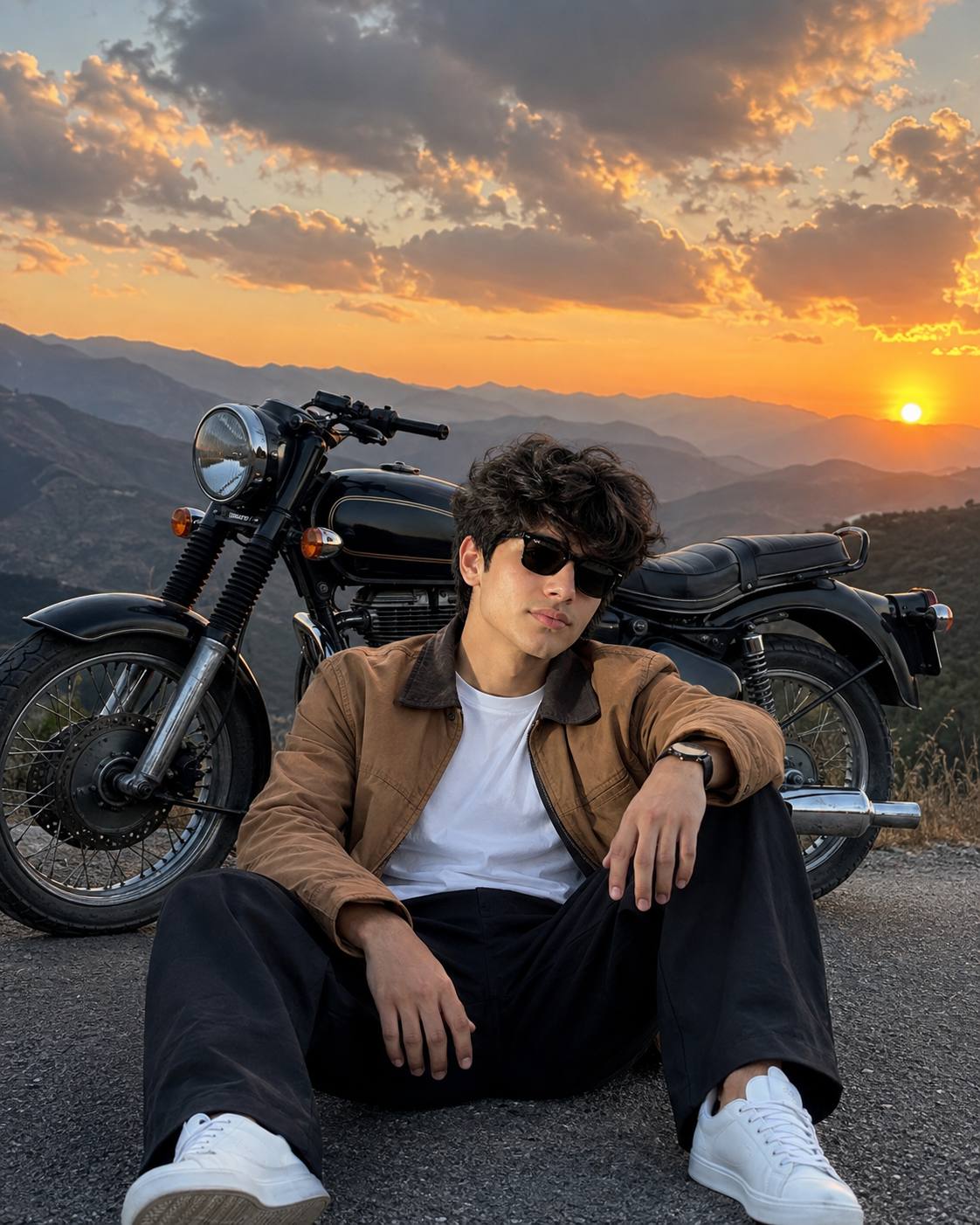 Cinematic Man Sitting with Retro Motorcycle at Mountain Sunset –  AI Image Prompt