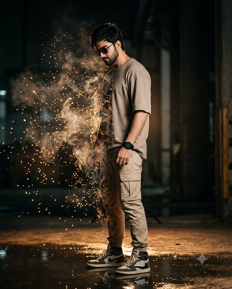 Cinematic Man smoke dissolution AI prompt | Beige cargos, golden sparks & night light