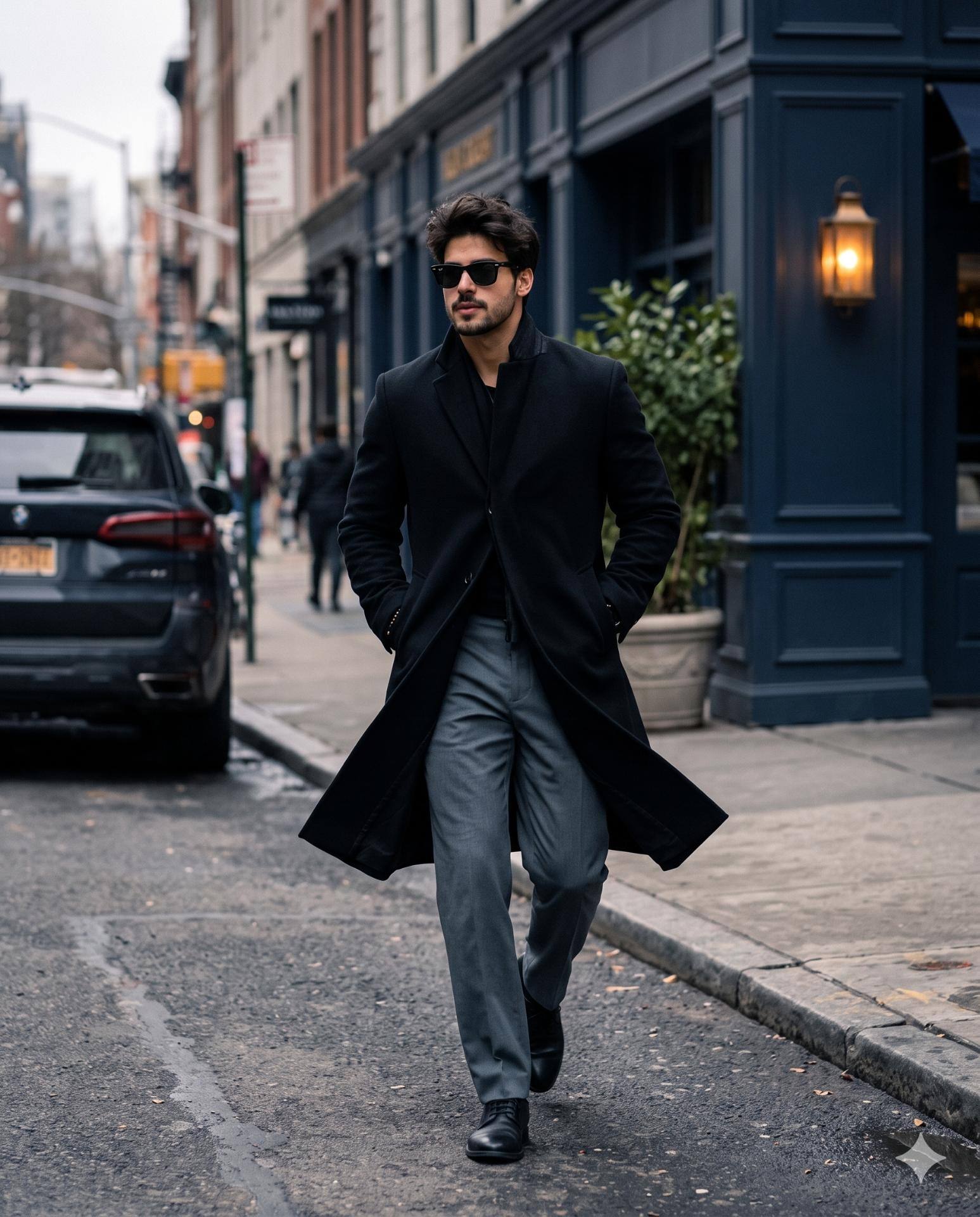 Men’s Street Style AI Image Prompt Gemini | Black Overcoat & Luxury Urban Fashion Portrait