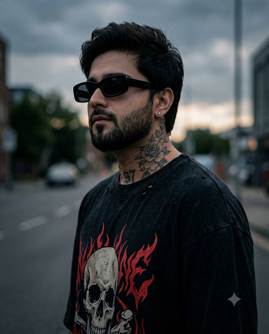 Stylish young man moody portrait AI prompt | Curly hair, tattoos and graphic T-shirt