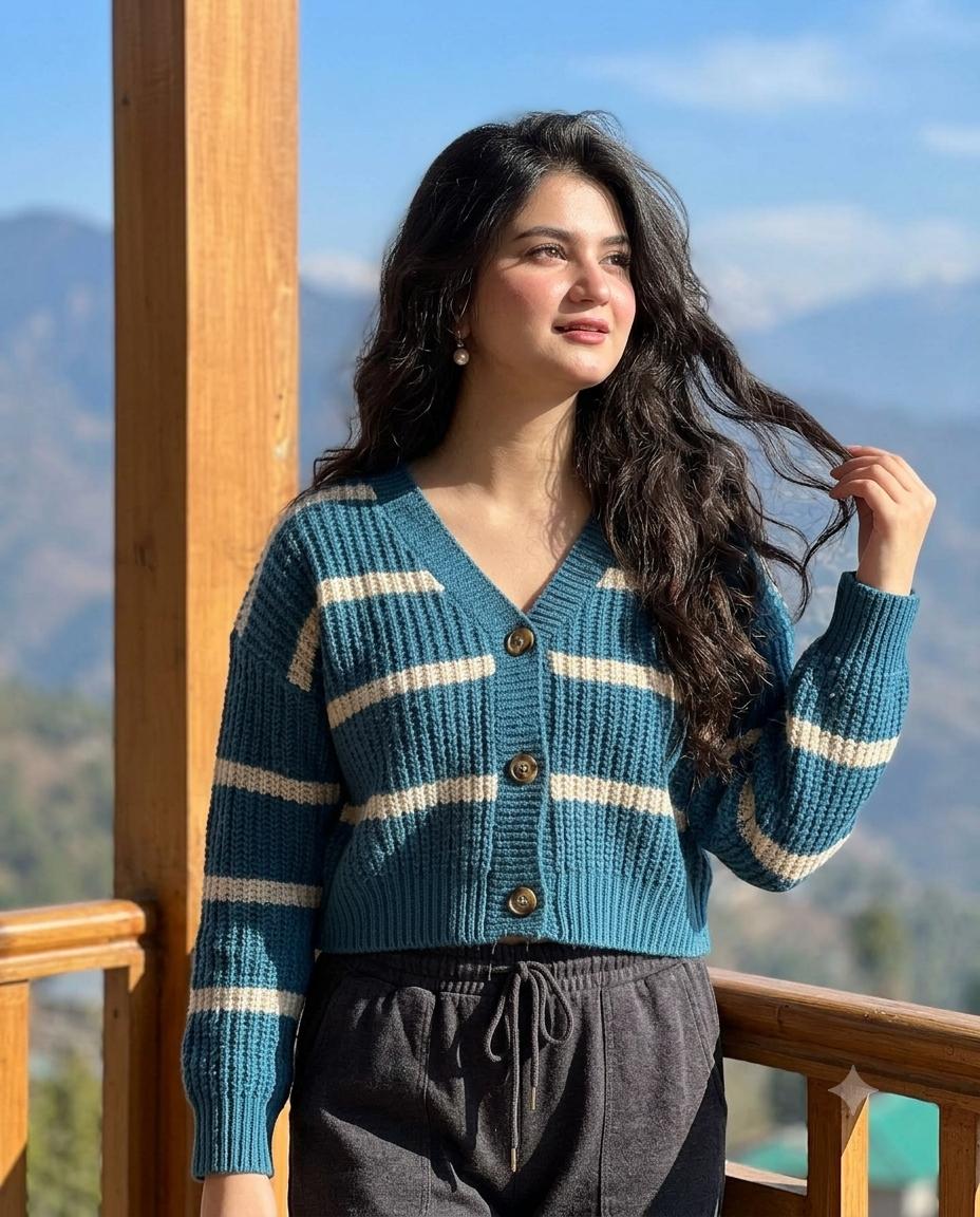Cinematic Mountain balcony woman AI prompt | Teal cardigan & sunny alpine views