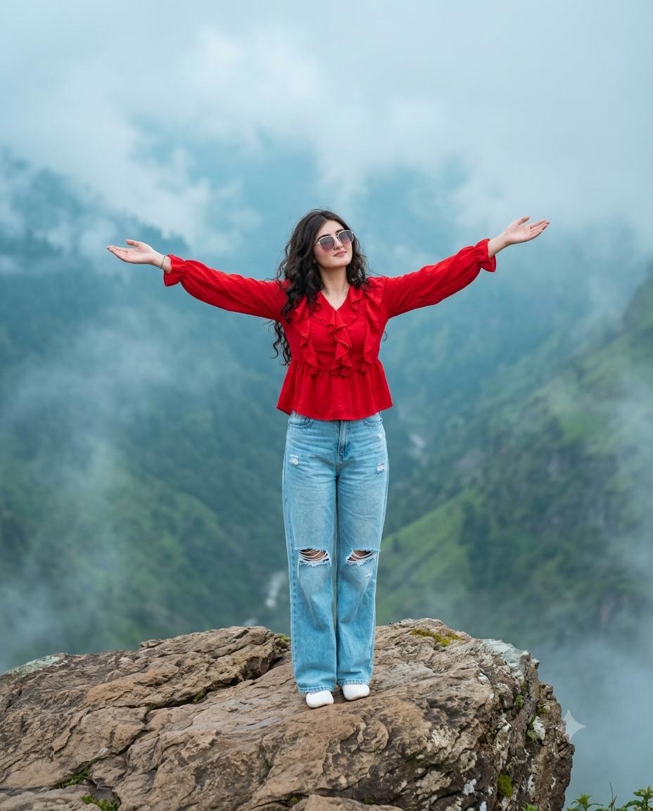 Cinematic Mountain cliff woman AI prompt | Red ruffled blouse & misty valley