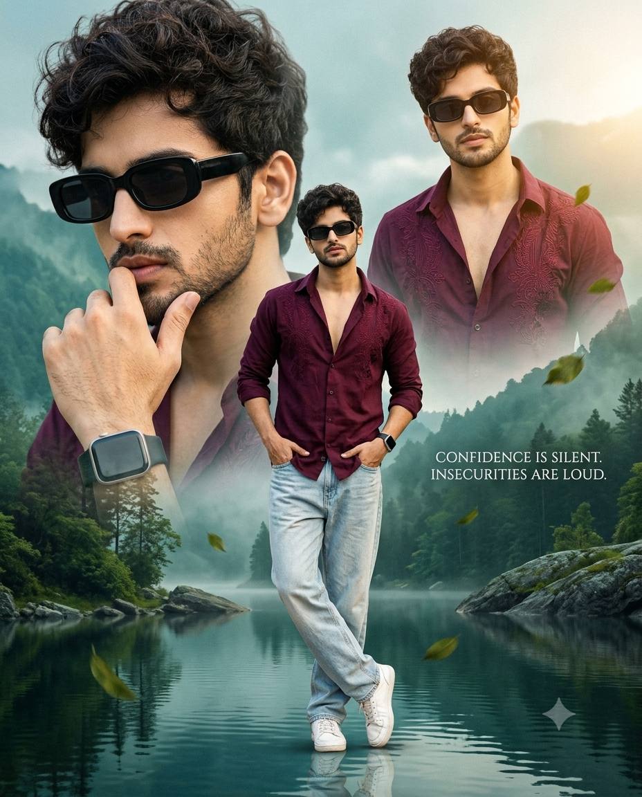 Mountain lake fashion poster AI prompt | Burgundy shirt, 3-pose portrait