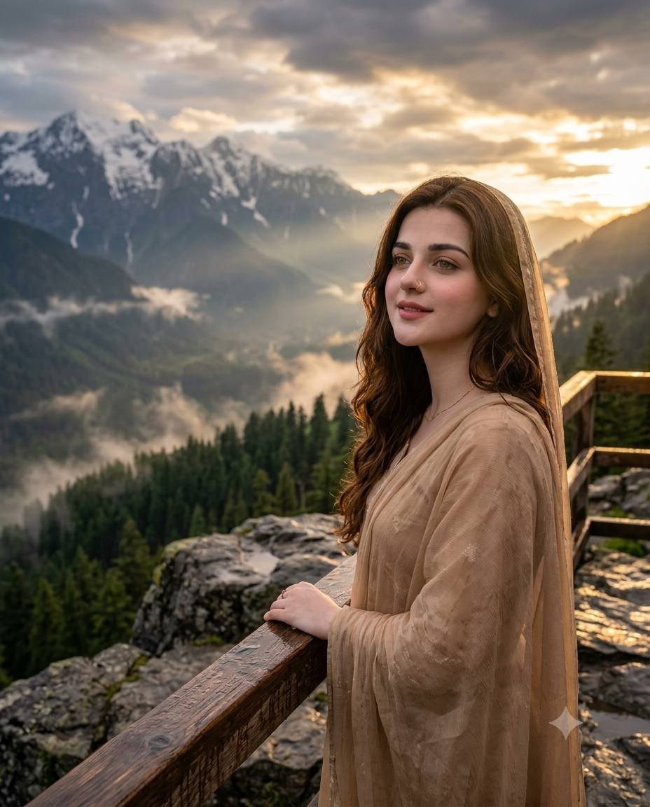 Cinematic Mountain Overlook at Sunset – Contemplative Woman in Misty Valley Travel Photography | AI image prompt