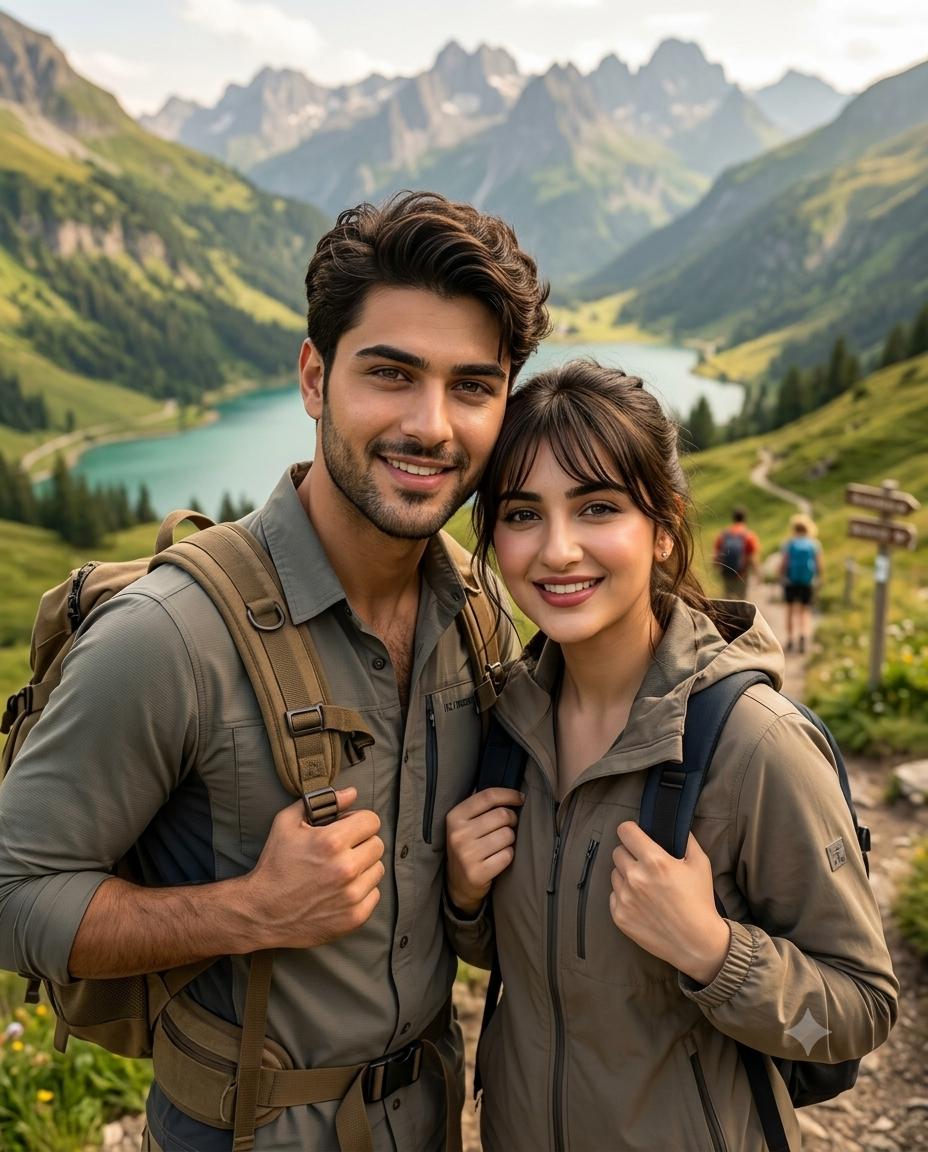 Mountain travel couple AI prompt | Green hills, lake & vacation photography