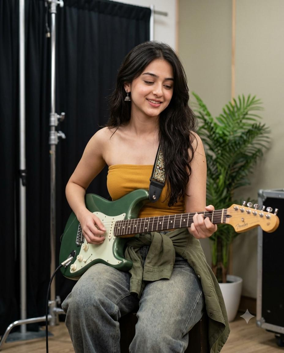 Music Studio Portrait Cinematic AI Image Prompt – Green Guitar
