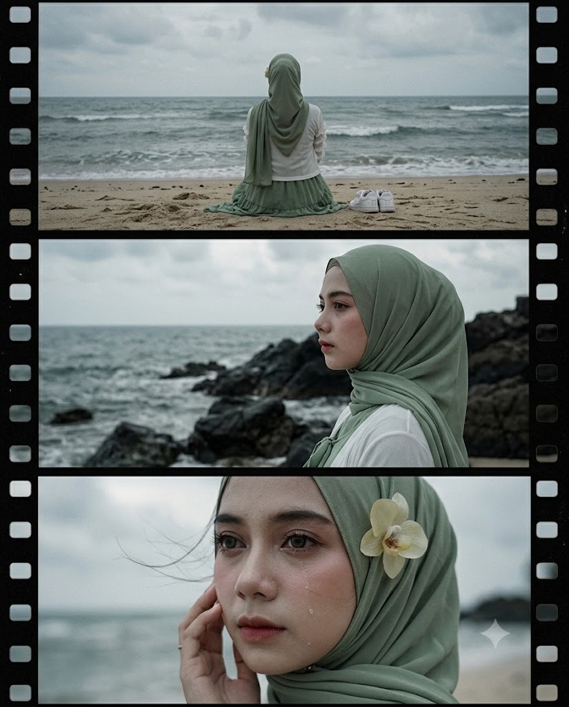 Cinematic Overcast Beach Film Strip Collage Girl Portrait AI Image Prompt