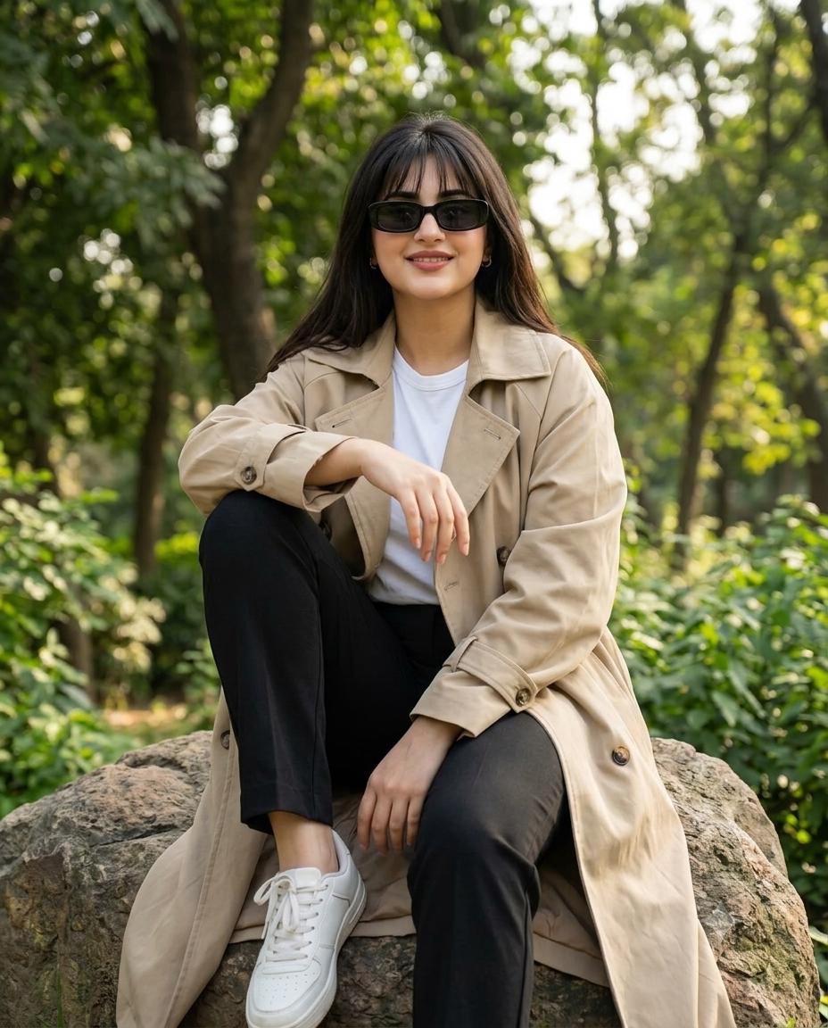 Cinematic park woman AI prompt | Beige trench coat & editorial photography
