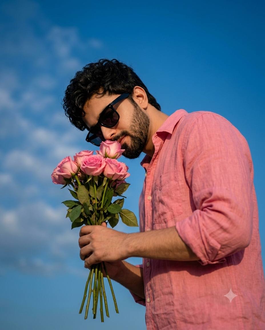Cinematic Pink Rose Portrait AI prompt | Low-Angle Stylish Male Outdoor Photoshoot