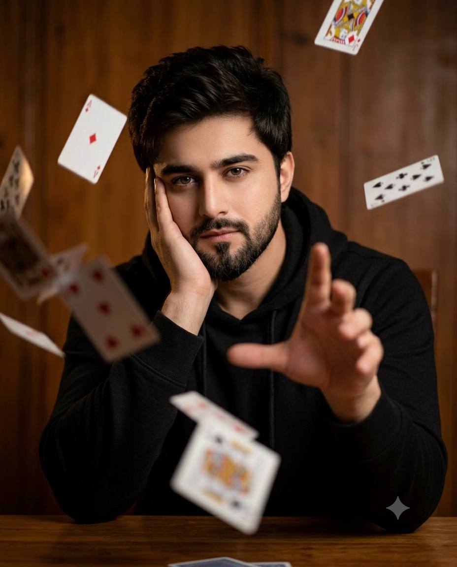 Playing cards portrait AI prompt | Black hoodie and floating cards