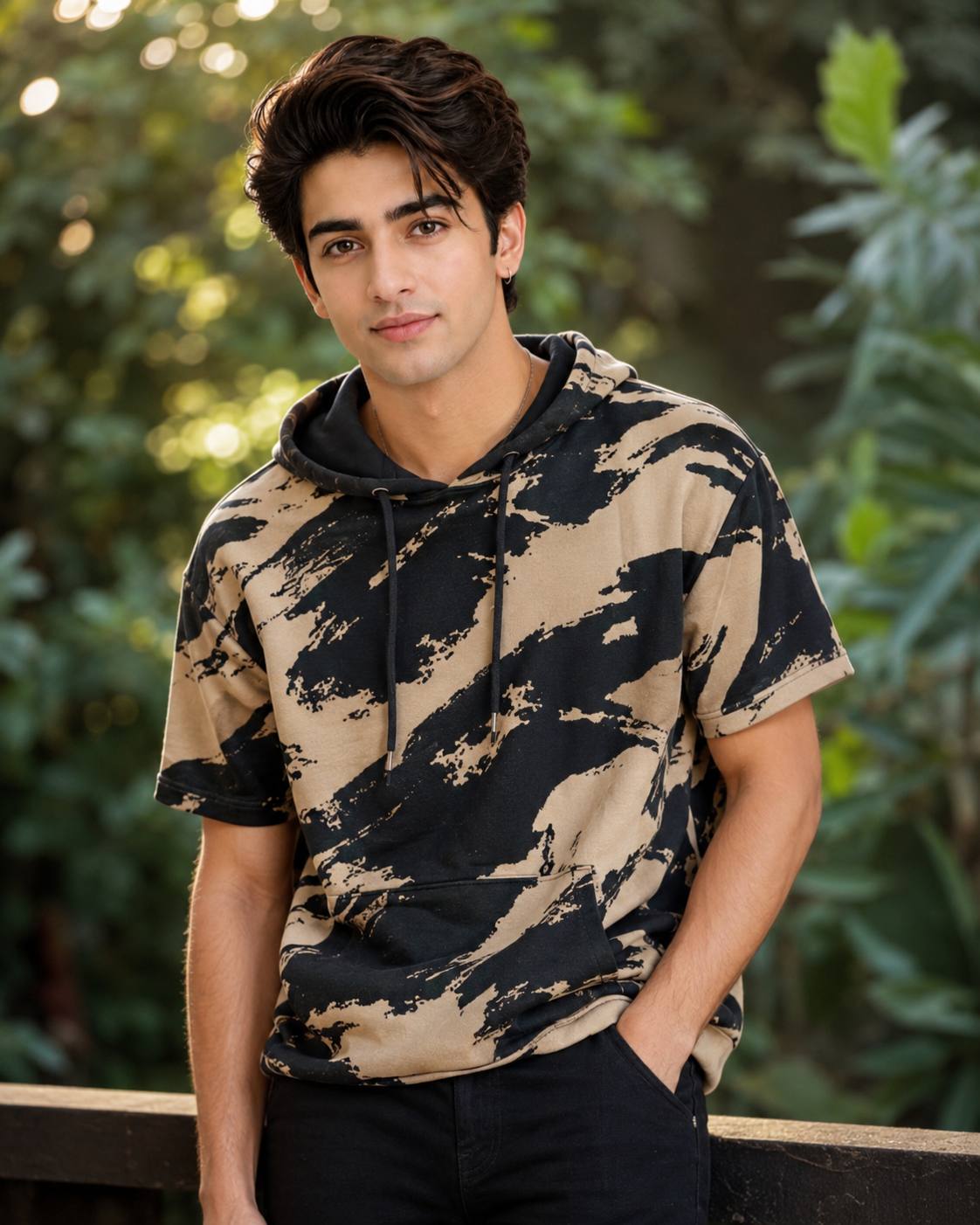 Cinematic Portrait of Stylish Man with Fluffy Black Hair | Green Bokeh AI Photo prompt