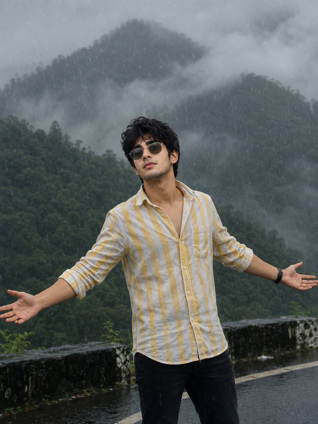 Cinematic Rain Portrait of a South Asian Man in Misty Green Mountains – Ultra-Realistic AI Image Prompt