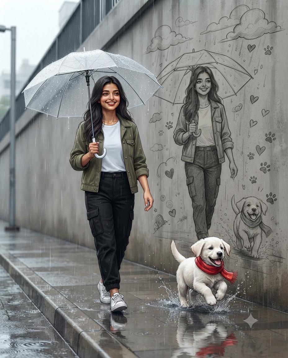 Rainy day woman AI prompt | White puppy, clear umbrella & anime mural