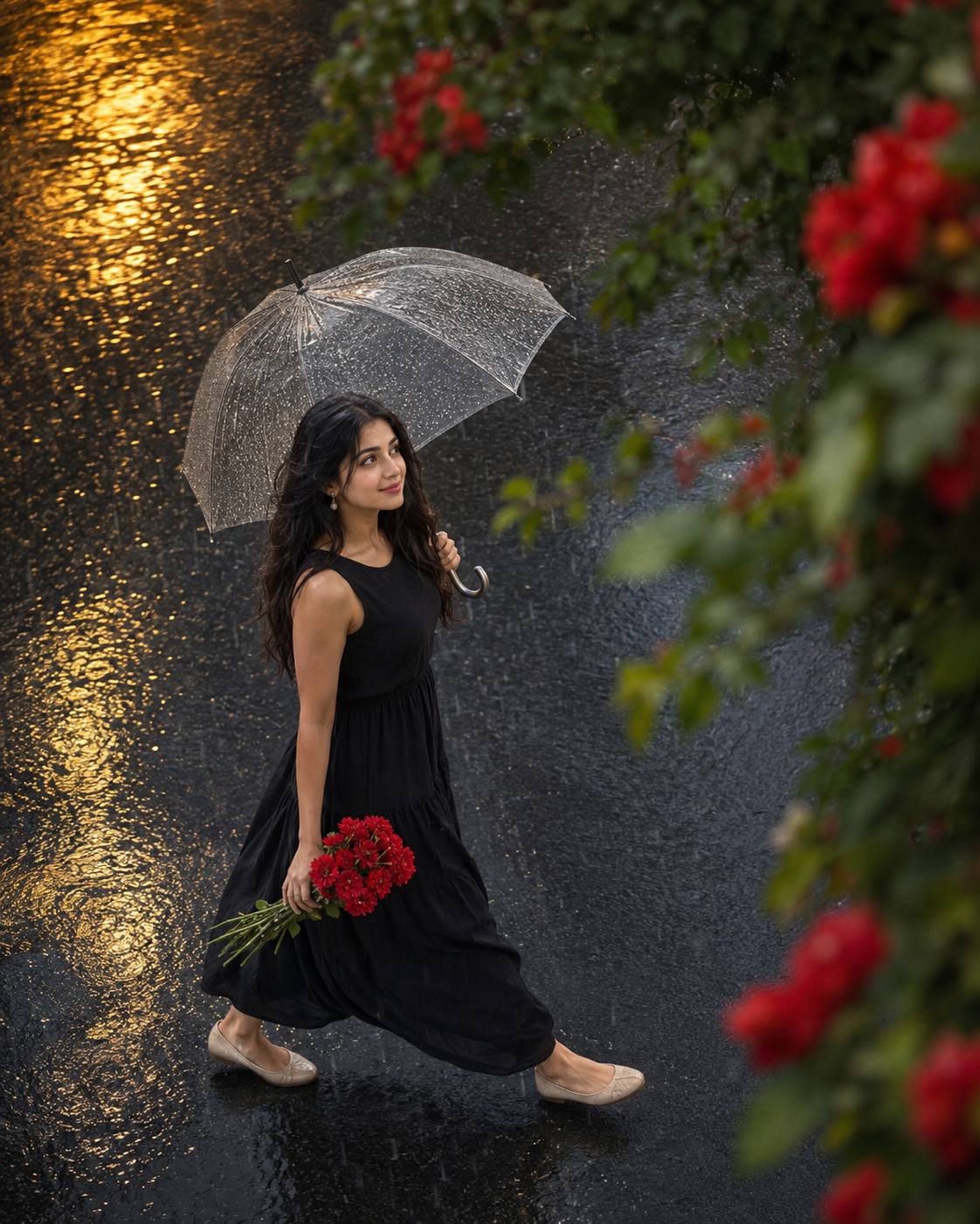 Cinematic Rainy Street Portrait with Transparent Umbrella and Red Flowers | Ultra-Realistic AI Image Prompt
