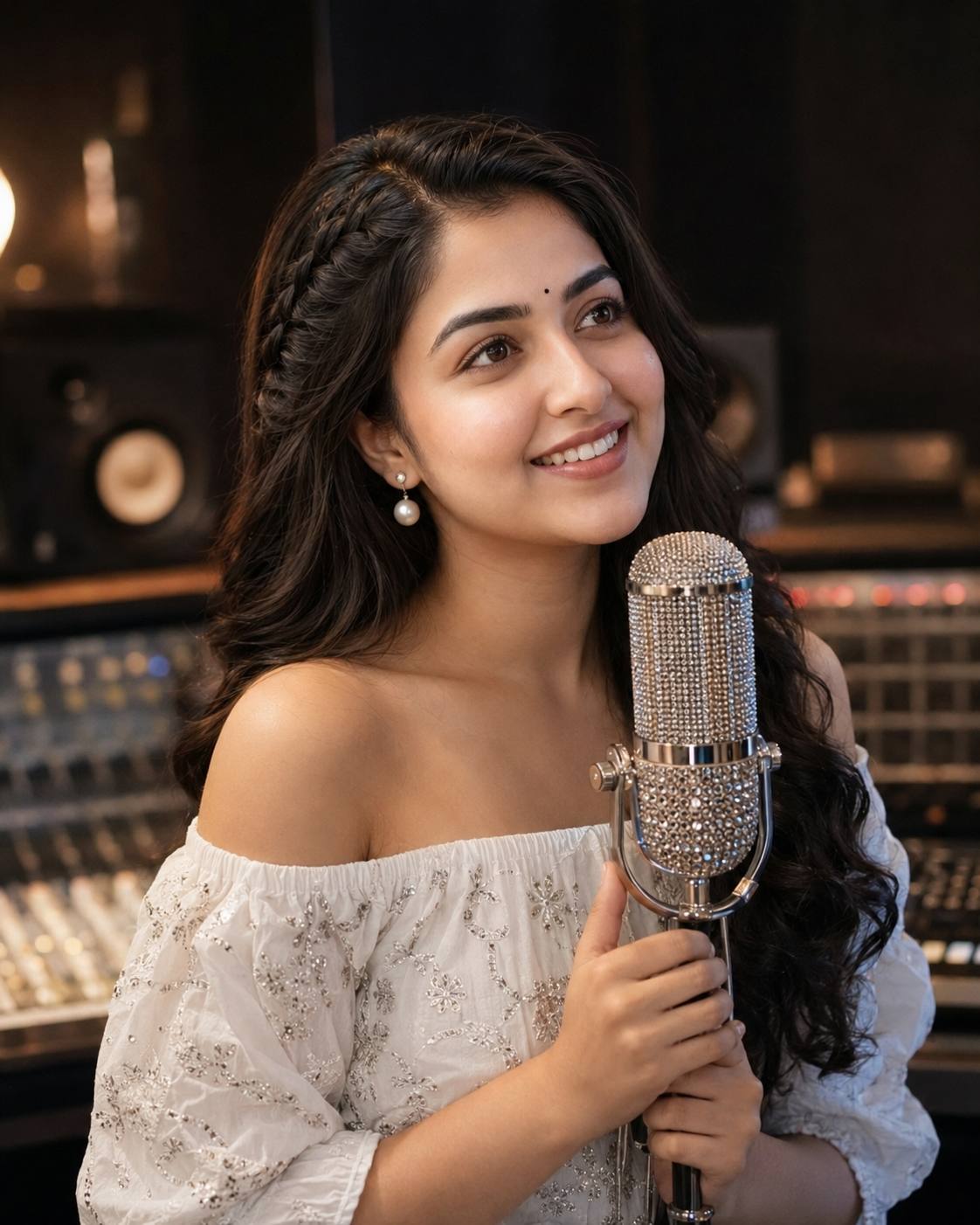Cinematic Recording Studio Portrait of a South Asian Woman with Vintage Crystal Microphone AI Image Prompt