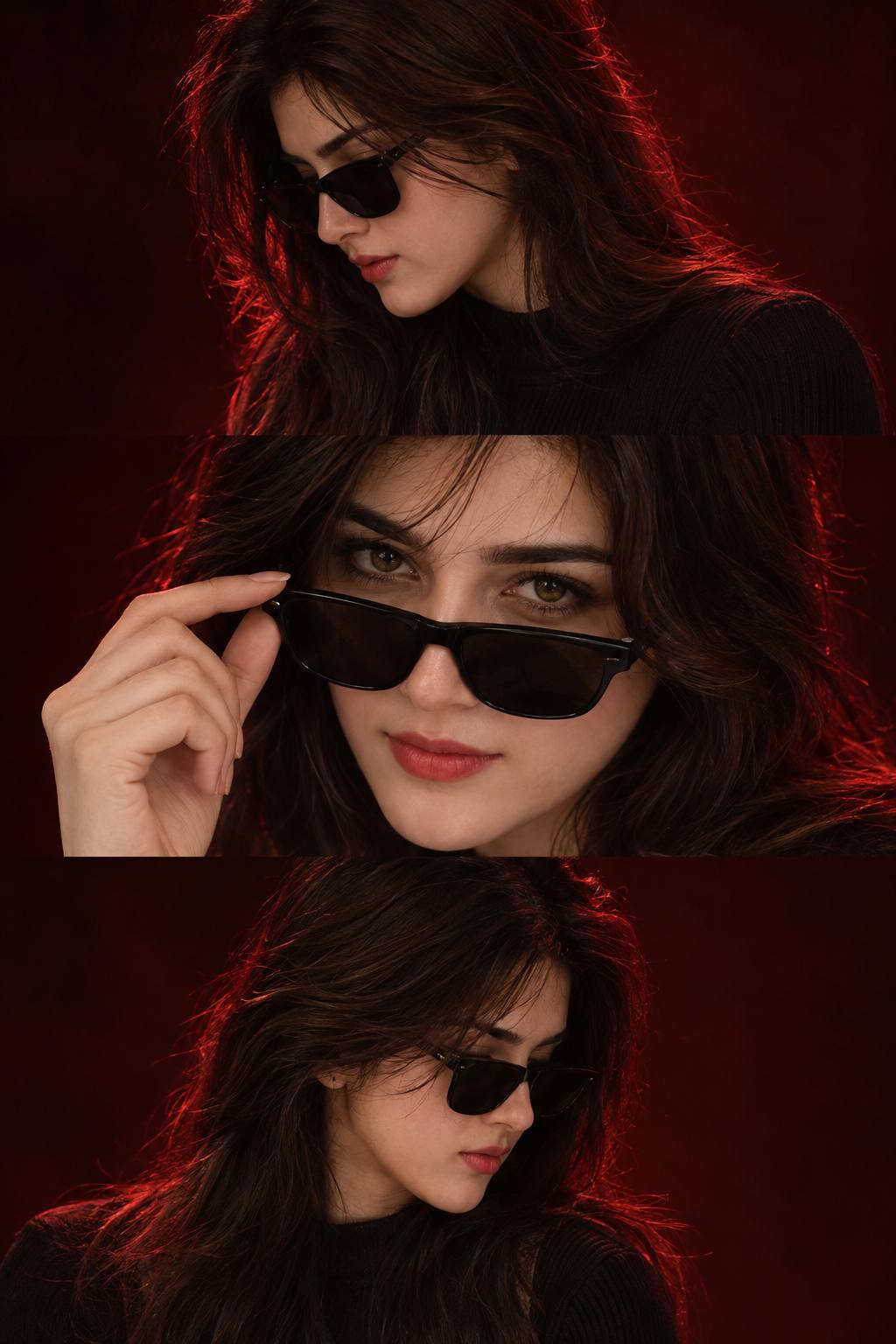 Ultra-Realistic Cinematic Red & Black Stylish Woman Triptych | AI Image Prompt