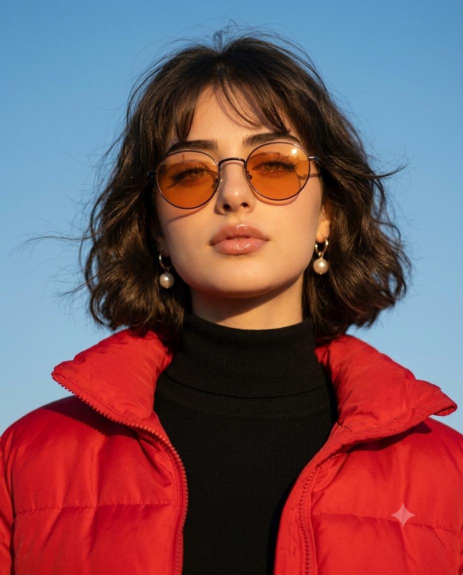 Cinematic Red Puffer Jacket Fashion Portrait AI Image Prompt | Golden Hour Vogue-Style