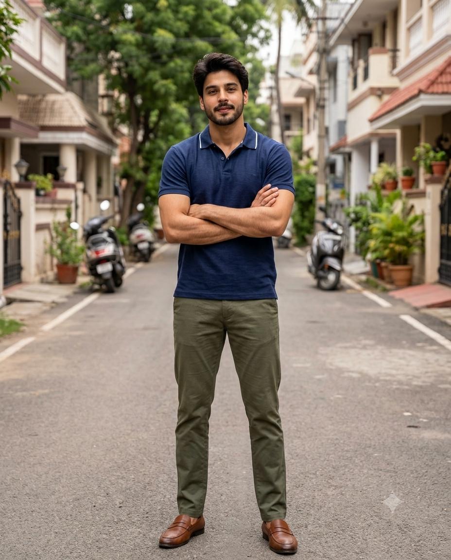 Residential man street portrait AI prompt | Premium casual style & cinematic photography