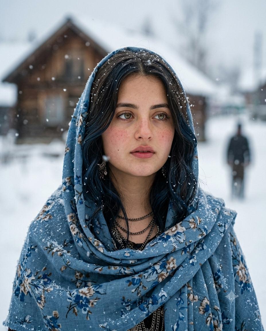 Roma woman portrait AI image prompt Gemini | Blue floral head shawl, silver jewelry and cinematic snowy village
