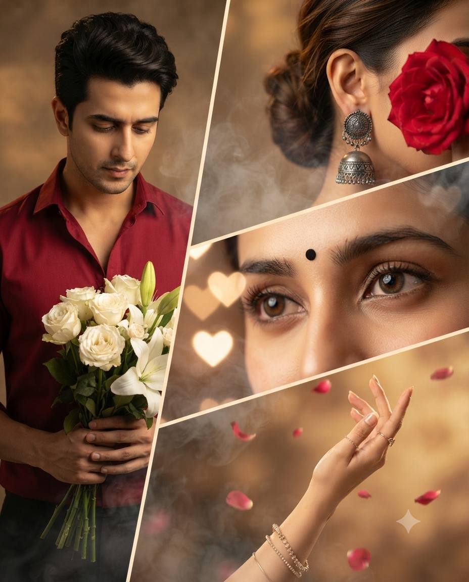 Cinematic Romantic Couple Collage with Red Shirt and White Flowers – Ultra-Realistic AI Image Prompt