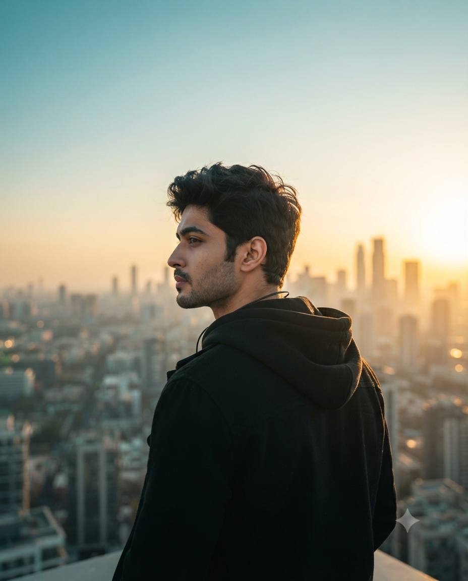 Stylish South Asian Man Rooftop Sunset Portrait | AI Image Prompt