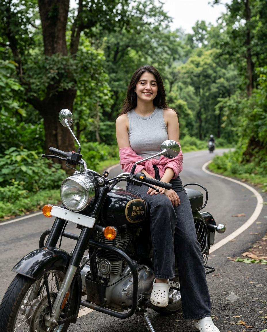 Royal Enfield Forest Portrait Cinematic AI Image Prompt – Scenic Road