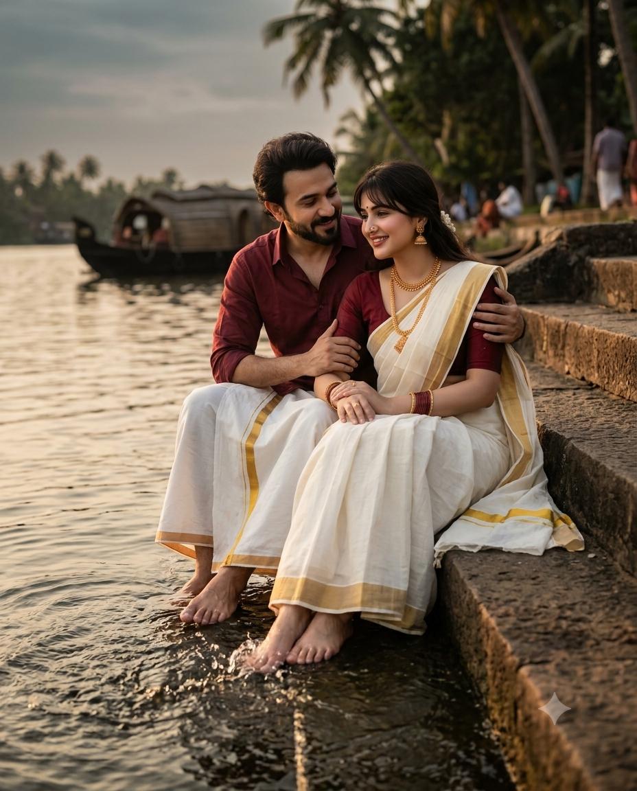 South Indian couple AI prompt | Kasavu saree, mundu & waterside romance