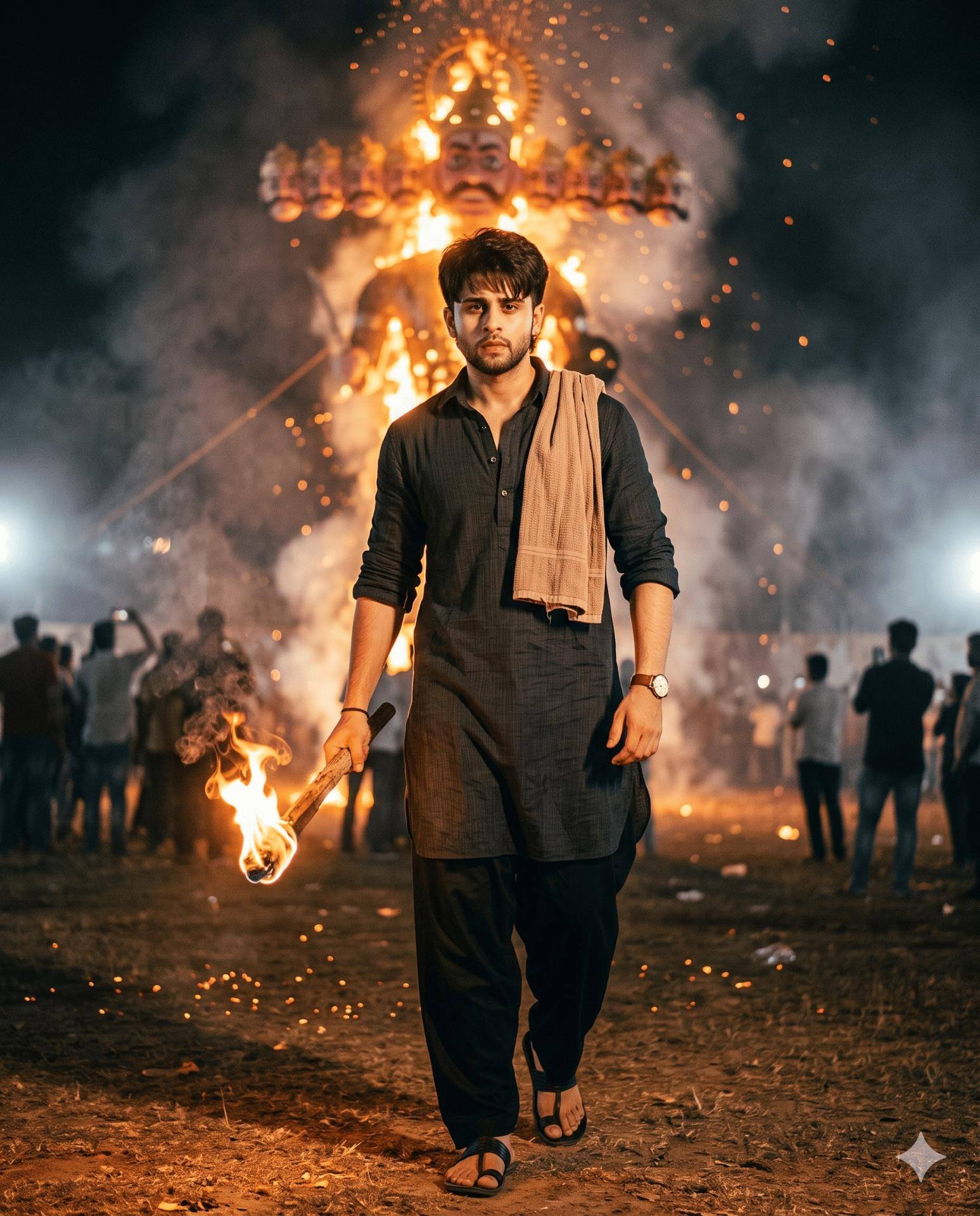 Dussehra AI Prompt Gemini | Man Walking After Ravana Dahan Orange Firelight & Cinematic Festival Portrait