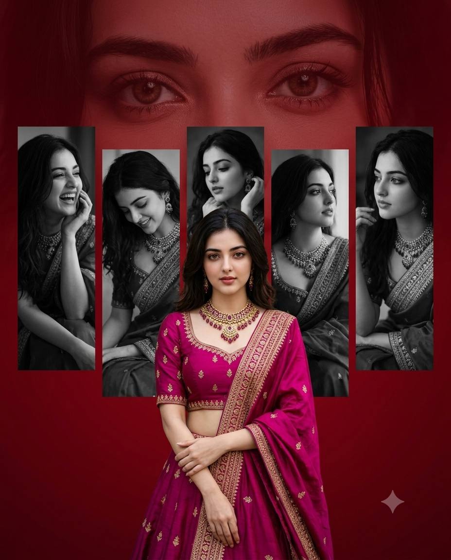 South Indian Woman in Magenta Silk Lehenga Collage | 8K AI Photo Prompt