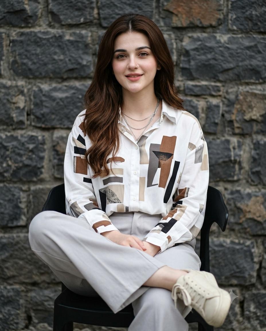 Stone Wall Portrait Modern AI Image Prompt – Geometric Shirt & Wide-Leg Pants