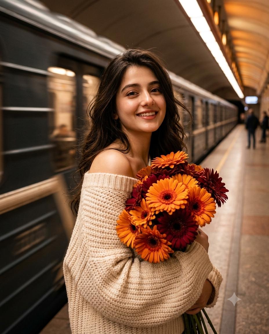 Cinematic Subway Woman Portrait AI Image Prompt | Gerbera Bouquet Motion-Blur Train Editorial 8K