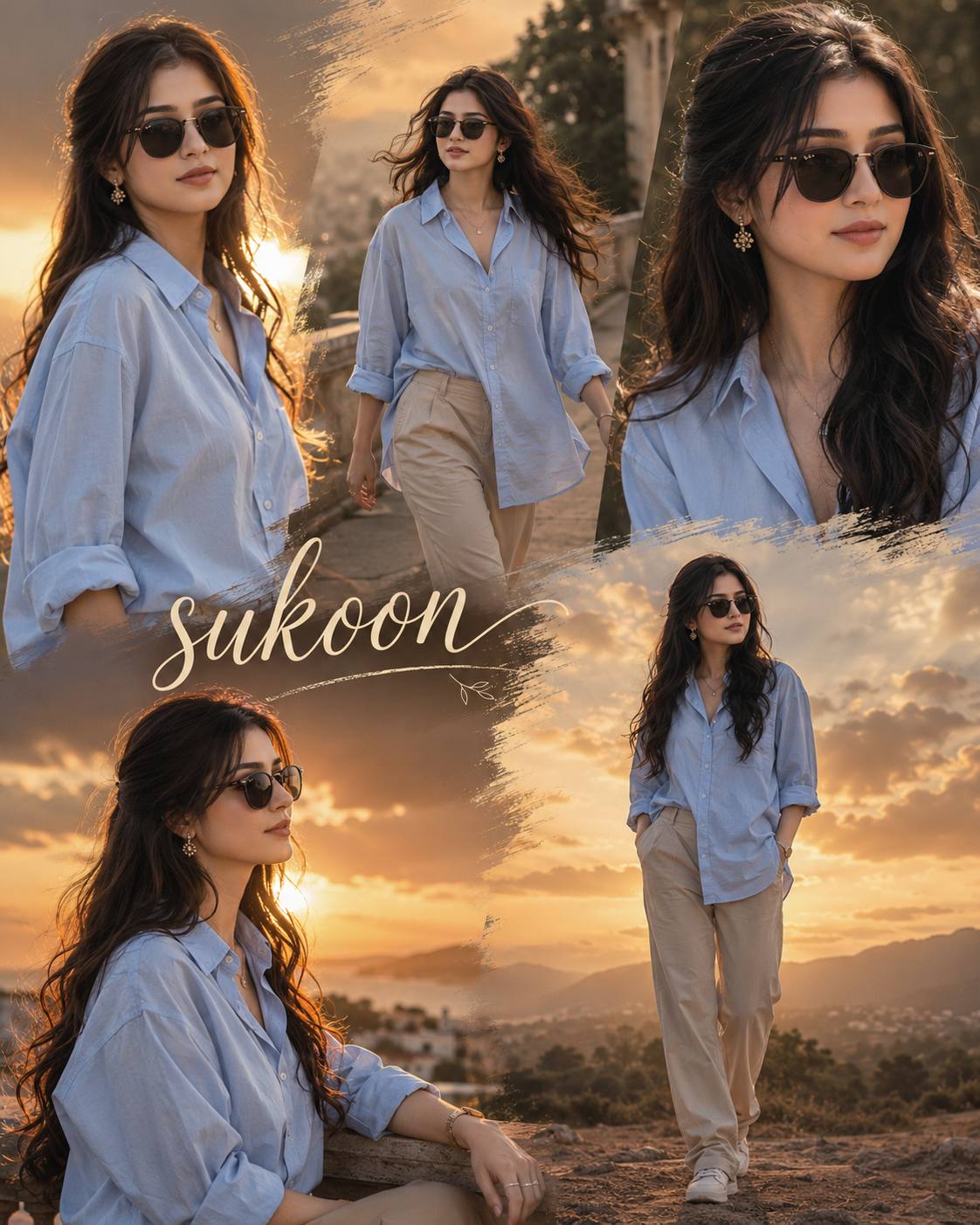 Cinematic “Sukoon” Photo Collage AI image prompt | Golden Hour South Asian Fashion Portrait