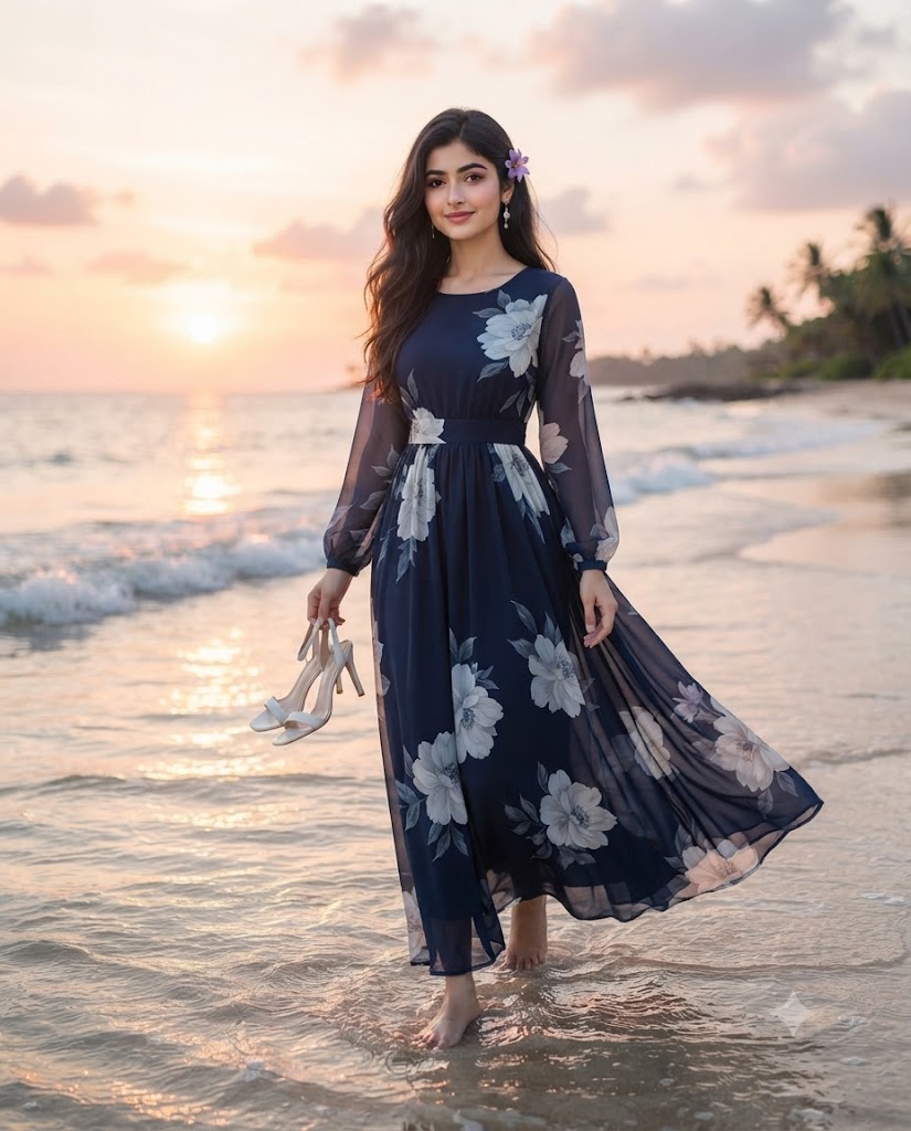 Cinematic Sunset Beach Portrait of a Woman in Navy Blue Floral Maxi Dress AI Image Prompt