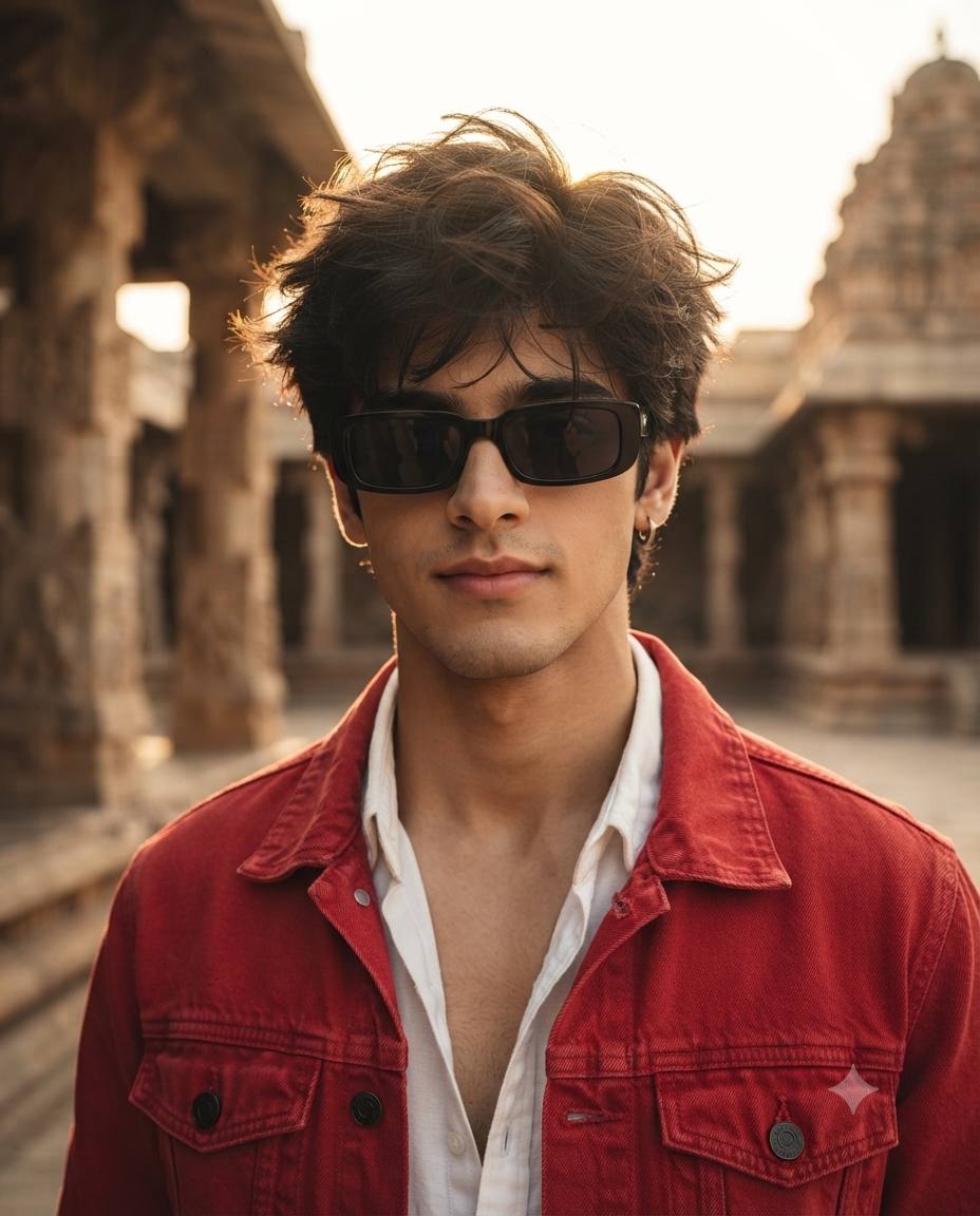Cinematic Temple Portrait of a Stylish Man in Red Denim Jacket | AI Image Prompt