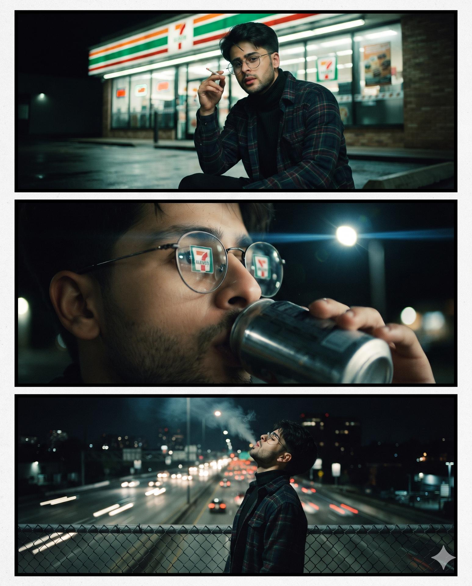 Urban Night Portrait AI Image Prompt Gemini | Neon 7-Eleven Lights & Cinematic Noir Film Aesthetic