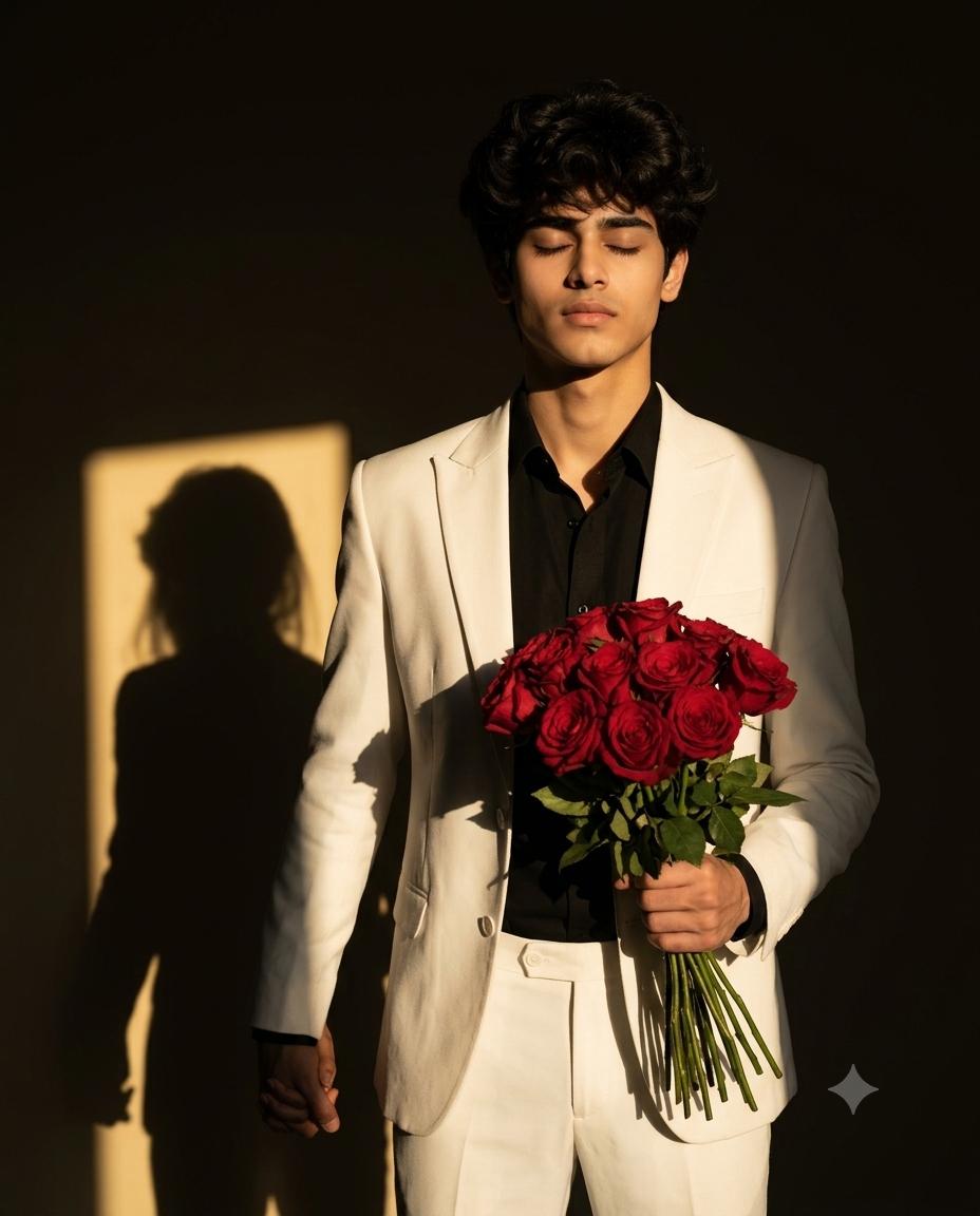 Man White Suit Cinematic Portrait AI Image Prompt | 8K Romantic Shadow Silhouette