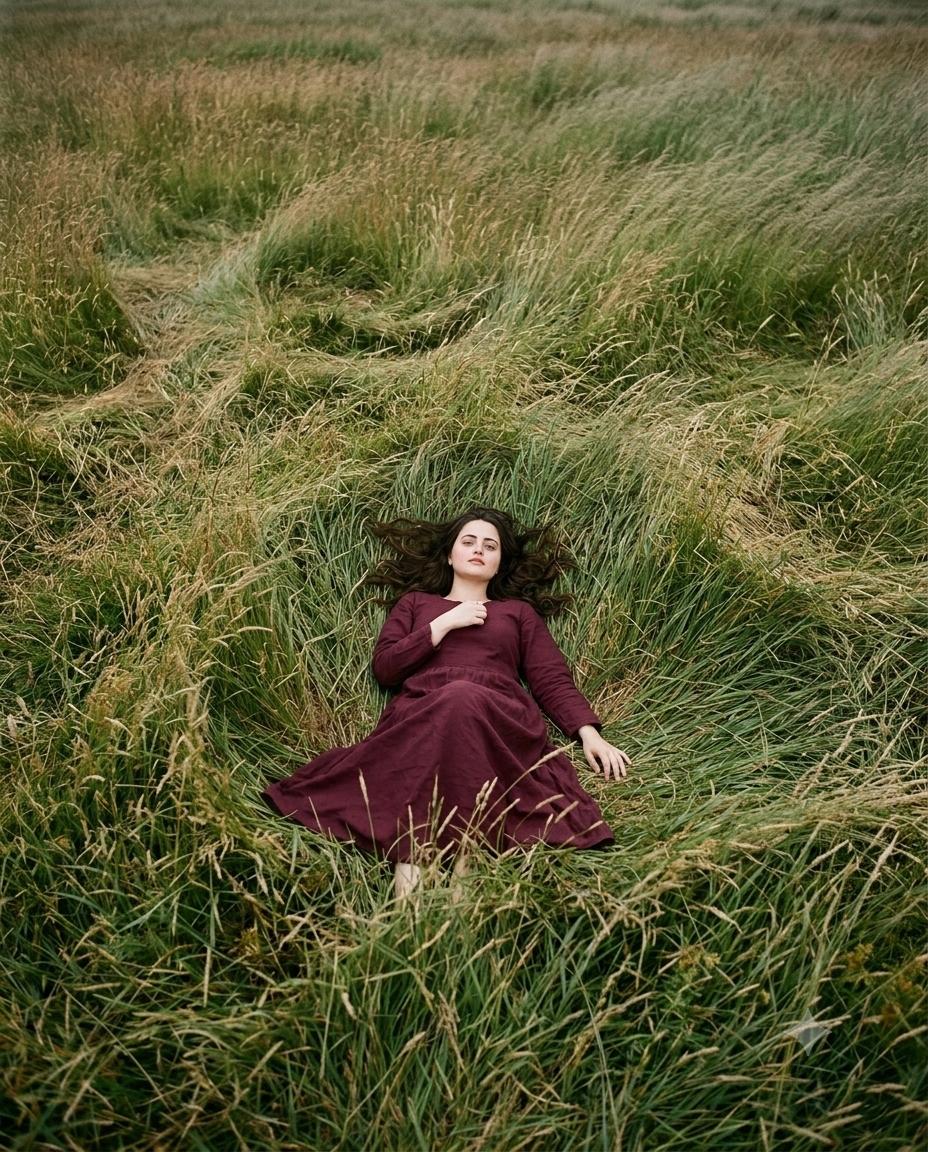 Meadow Woman Portrait AI Image Prompt Gemini | Burgundy Dress & Kodak Portra 400 Film Aesthetic